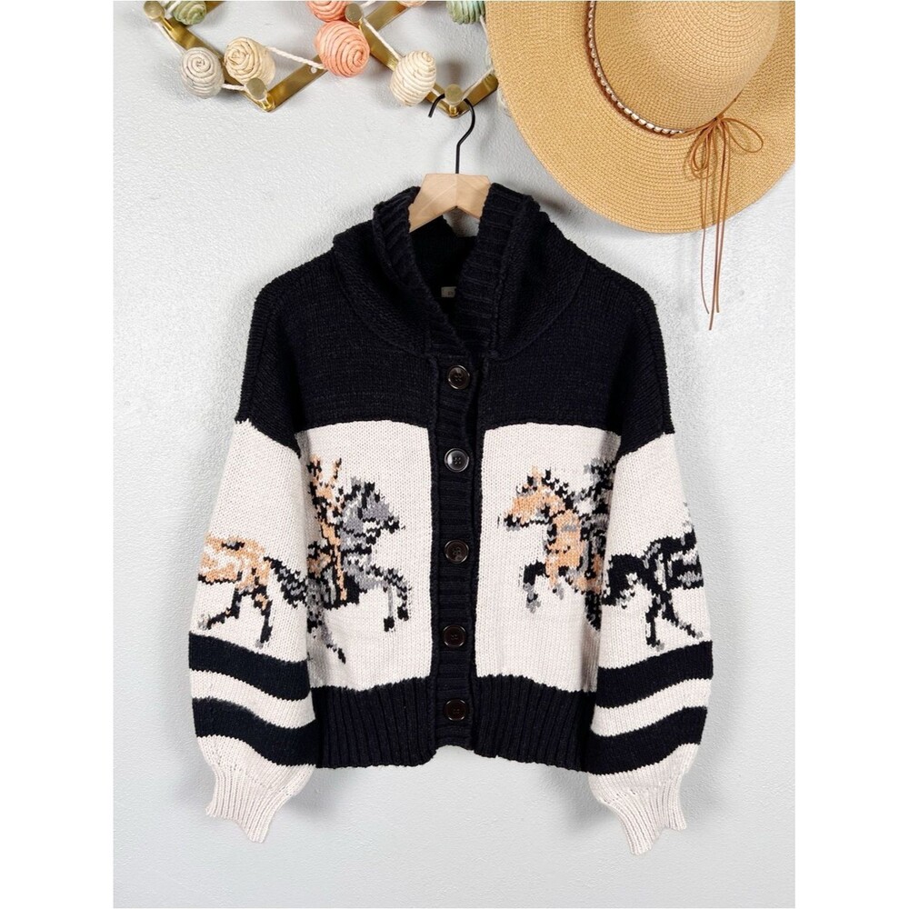NWT Anthropologie Pilcro Horse Graphic Shawl Collar Chunky Knit Cardigan Medium - Picture 3 of 13